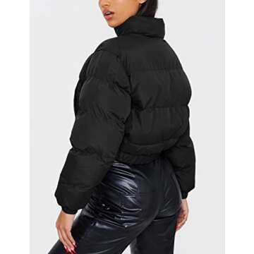 Yeokou Women's Cropped Puffer Jacket Black Stand Collar Zip Up Short Bubble Coat with Pockets(Black-XL)