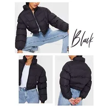 Yeokou Women's Cropped Puffer Jacket Black Stand Collar Zip Up Short Bubble Coat with Pockets(Black-XL)