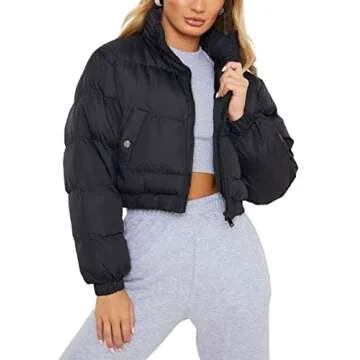 Yeokou Women's Cropped Puffer Jacket Black Stand Collar Zip Up Short Bubble Coat with Pockets(Black-XL)