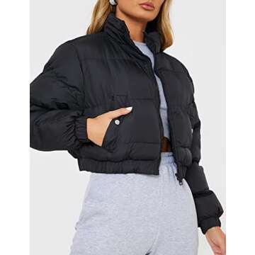 Yeokou Women's Cropped Puffer Jacket Black Stand Collar Zip Up Short Bubble Coat with Pockets(Black-XL)