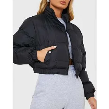Yeokou Women's Cropped Puffer Jacket Black Stand Collar Zip Up Short Bubble Coat with Pockets(Black-XL)