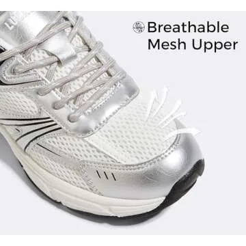 LUCKY STEP Women's Mesh Casual Fashion Sneakers Lace Up Lightweight Running Shoes Non Slip Breathable Chunky Shoes(8.5 M US White Silver)