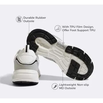 LUCKY STEP Women's Mesh Casual Fashion Sneakers Lace Up Lightweight Running Shoes Non Slip Breathable Chunky Shoes(8.5 M US White Silver)