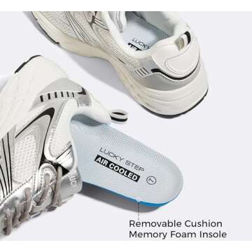 LUCKY STEP Women's Mesh Casual Fashion Sneakers Lace Up Lightweight Running Shoes Non Slip Breathable Chunky Shoes(8.5 M US White Silver)