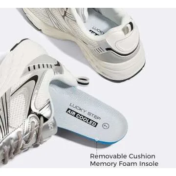 LUCKY STEP Women's Mesh Casual Fashion Sneakers Lace Up Lightweight Running Shoes Non Slip Breathable Chunky Shoes(8.5 M US White Silver)