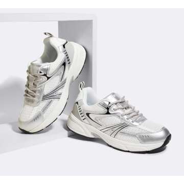 LUCKY STEP Women's Mesh Casual Fashion Sneakers Lace Up Lightweight Running Shoes Non Slip Breathable Chunky Shoes(8.5 M US White Silver)