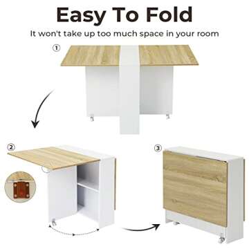 Tiptiper Folding Dining Table, Versatile Dinner Table with 6 Wheels and 2 Storage Racks, Space Saving Dining Room Table, Folding Kitchen Table, Pear Wood Color and White