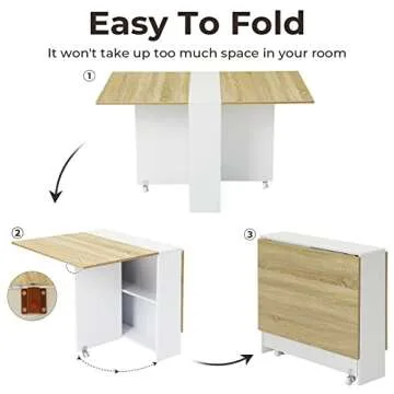Tiptiper Folding Dining Table, Versatile Dinner Table with 6 Wheels and 2 Storage Racks, Space Saving Dining Room Table, Folding Kitchen Table, Pear Wood Color and White