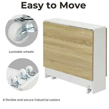 Tiptiper Folding Dining Table, Versatile Dinner Table with 6 Wheels and 2 Storage Racks, Space Saving Dining Room Table, Folding Kitchen Table, Pear Wood Color and White