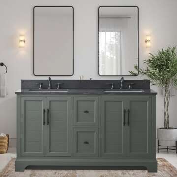 HOMEBEYOND 60 Inch Bathroom Vanity with Sink & Ceramic Top, Double Vanity Cabinet with Basin, Soft-C...