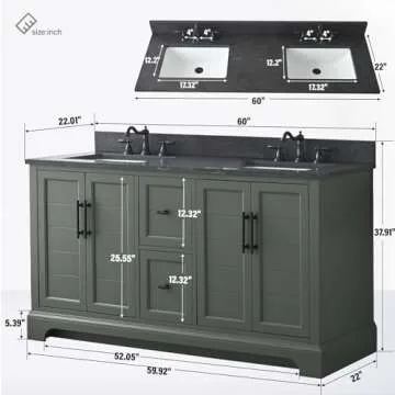 HOMEBEYOND 60 Inch Bathroom Vanity with Sink & Ceramic Top, Double Vanity Cabinet with Basin, Soft-Closing Doors, Backsplash,Vintage Green