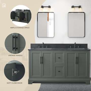 HOMEBEYOND 60 Inch Bathroom Vanity with Sink & Ceramic Top, Double Vanity Cabinet with Basin, Soft-Closing Doors, Backsplash,Vintage Green