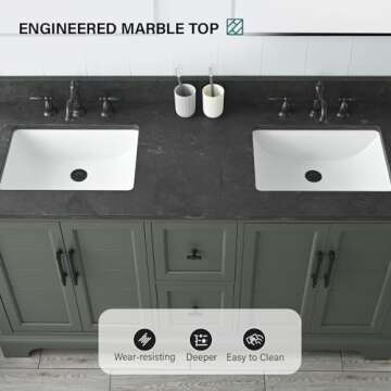 HOMEBEYOND 60 Inch Bathroom Vanity with Sink & Ceramic Top, Double Vanity Cabinet with Basin, Soft-Closing Doors, Backsplash,Vintage Green