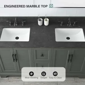 HOMEBEYOND 60 Inch Bathroom Vanity with Sink & Ceramic Top, Double Vanity Cabinet with Basin, Soft-Closing Doors, Backsplash,Vintage Green