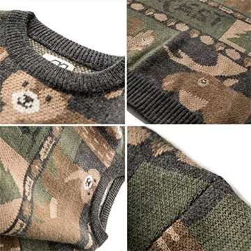 KCLOT Mens Womens Varsity Long Sleeve Knitted Cardigan Sweaters Cute Bear Sweater Animal Graphic Oversize Round Neck Pullover Jumper (L, Vintage Animal Pattern #Grey)