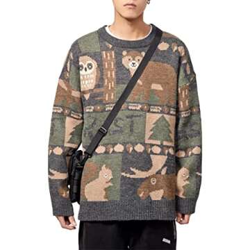 KCLOT Mens Womens Varsity Long Sleeve Knitted Cardigan Sweaters Cute Bear Sweater Animal Graphic Oversize Round Neck Pullover Jumper (L, Vintage Animal Pattern #Grey)