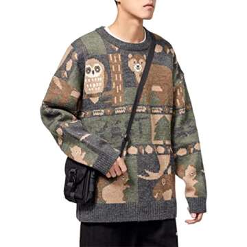 KCLOT Mens Womens Varsity Long Sleeve Knitted Cardigan Sweaters Cute Bear Sweater Animal Graphic Oversize Round Neck Pullover Jumper (L, Vintage Animal Pattern #Grey)
