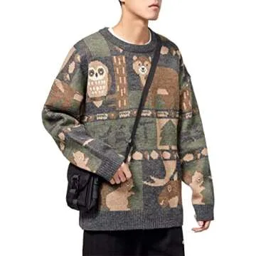 KCLOT Mens Womens Varsity Long Sleeve Knitted Cardigan Sweaters Cute Bear Sweater Animal Graphic Oversize Round Neck Pullover Jumper (L, Vintage Animal Pattern #Grey)