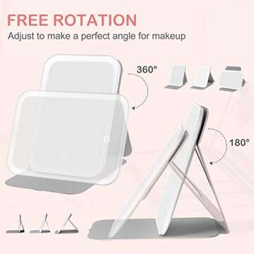 Luminar bowo Vanity Tabletop Mount Mirror with Lights, Travel Makeup Mirror 360° Rotation Touch Screen 3 Colors Light Modes 72 LEDs USB Rechargeable, 1200mA 5.5x8-Inch Desk Compact Mirror Pink