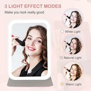 Luminar bowo Vanity Tabletop Mount Mirror with Lights, Travel Makeup Mirror 360° Rotation Touch Screen 3 Colors Light Modes 72 LEDs USB Rechargeable, 1200mA 5.5x8-Inch Desk Compact Mirror Pink
