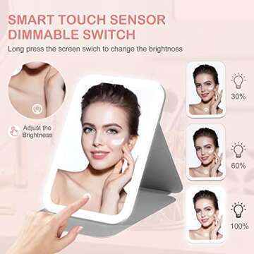 Luminar bowo Vanity Tabletop Mount Mirror with Lights, Travel Makeup Mirror 360° Rotation Touch Screen 3 Colors Light Modes 72 LEDs USB Rechargeable, 1200mA 5.5x8-Inch Desk Compact Mirror Pink