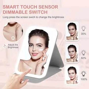 Luminar bowo Vanity Tabletop Mount Mirror with Lights, Travel Makeup Mirror 360° Rotation Touch Screen 3 Colors Light Modes 72 LEDs USB Rechargeable, 1200mA 5.5x8-Inch Desk Compact Mirror Pink