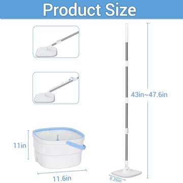 Spin Mop and Bucket with Wringer Set for Home Cleaning Spinning Mops with Separate Dirty and Clean Water Wet and Dry Mop for Floors (Square Spin Mop, 3 Washable Microfiber Mop Pads)