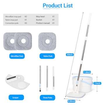 Spin Mop and Bucket with Wringer Set for Home Cleaning Spinning Mops with Separate Dirty and Clean Water Wet and Dry Mop for Floors (Square Spin Mop, 3 Washable Microfiber Mop Pads)