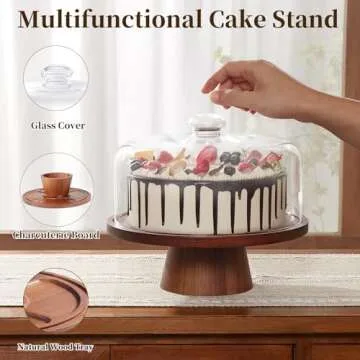 VIVIRBIEN Wood Glass Cake Stand with Dome, 2-in-1 Magnetic Cake Stand with Lid-Multifunctional Cake Plate with Cover for Birthday/Kitchen/Party/Charcuterie Board 11IN