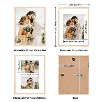 11x14 Picture Frame, Solid Oak Wood Frame 8x10 with Mat or 5x7 with 2 Mat or 11x14 without Mat with Perspex Glass, 11 x 14 Frame for Wall Display Art Photo, Poster, Birthday Christmas Gift, Set of 4