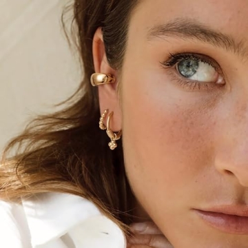 MYEARS Women Beaded Earrings Gold Huggie Hoop 14K Gold Plated Small Simple Hypoallergenic Everyday Jewelry