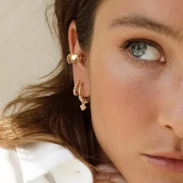 MYEARS Women Beaded Earrings Gold Huggie Hoop 14K Gold Plated Small Simple Hypoallergenic Everyday Jewelry