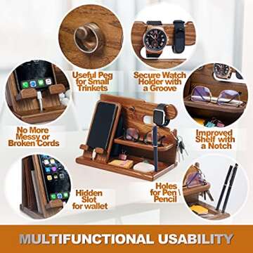 TESLYAR Wood Phone Docking Station for Men - Desk or Nightstand Organizer - Birthday Gifts for Husband or Dad - Anniversary Idea from Wife - Key Holder, Stand Wallet, Watch & Essentials (Earth Beige)