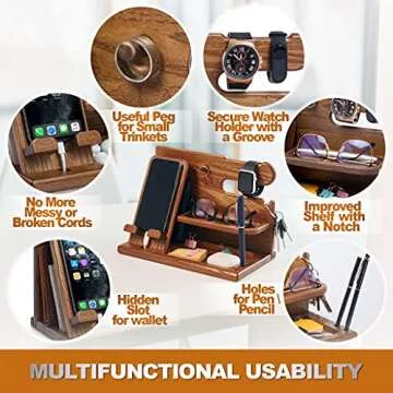 TESLYAR Wood Phone Docking Station for Men - Desk or Nightstand Organizer - Birthday Gifts for Husband or Dad - Anniversary Idea from Wife - Key Holder, Stand Wallet, Watch & Essentials (Earth Beige)