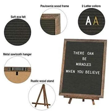 Felt Letter Board with Rustic Vintage Frame and Stand 12x16 inch, Dark Grey Changeable Letter and Message Board Includes 792 Letters, Numbers and Symbols, Hook to Hang, 2 Canvas Bags