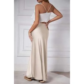 Skrtimory Womens Satin Silk Maxi Skirts Drawstring Flared Casual A-Line Long Skirt for Women Cream