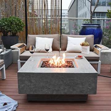 Elementi Manhattan Outdoor Gas Firepit Table 36 Inches Natural Gas Fire Pit Patio Heater Concrete High Floor Clearance Firepits Outside Electronic Ignition Backyard Fireplace Cover Lava Rock Included