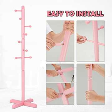 Azaeahom Cross Coat Rack Freestanding Clothing Hanger Home Racks, Wooden Coat Tree Stand with 8 Hooks 2 Adjustable Height, Easy Assembly in Entryway, Room for Hat, Umbrella etc (Pink)