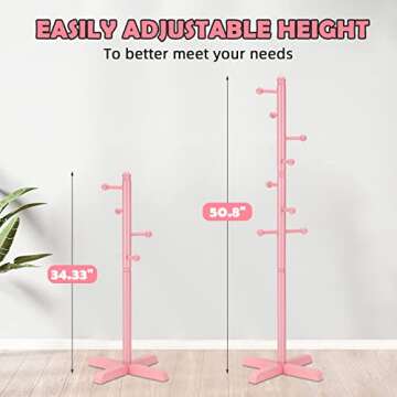 Azaeahom Cross Coat Rack Freestanding Clothing Hanger Home Racks, Wooden Coat Tree Stand with 8 Hooks 2 Adjustable Height, Easy Assembly in Entryway, Room for Hat, Umbrella etc (Pink)