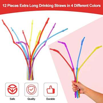 Geiserailie 12 Pieces Flexible Drinking Straws Extra Long Bendy Plastic Straws for Party Camping Limited Mobility Situations Dishwasher(Red, Yellow, Blue, Purple, 28 Inches)