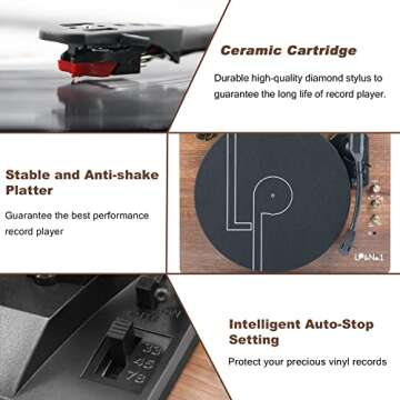 LP&No.1 Record Player with Stereo Speakers, 3-Speed Belt-Drive Turntable for Vinyl Records with Wireless Playback and Auto-Stop,Walnut Wood