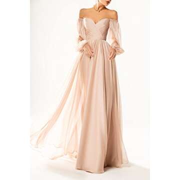 Off Shoulder Prom Dresses Long Sleeve Simple Wedding Ball Gown for Bride Pleated A Line Formal Eveni...