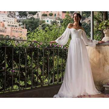 Off Shoulder Prom Dresses Long Sleeve Simple Wedding Ball Gown for Bride Pleated A Line Formal Evening Gown White Size 8