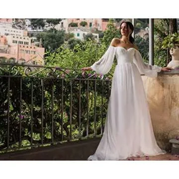 Off Shoulder Prom Dresses Long Sleeve Simple Wedding Ball Gown for Bride Pleated A Line Formal Evening Gown White Size 8