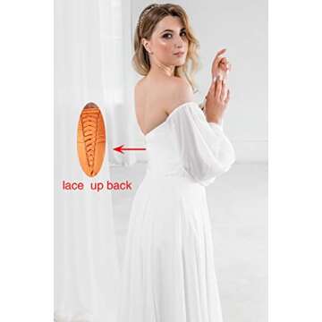 Off Shoulder Prom Dresses Long Sleeve Simple Wedding Ball Gown for Bride Pleated A Line Formal Evening Gown White Size 8