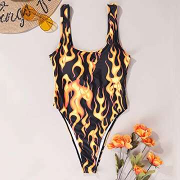 Stylish Womens Flame Print One Piece Swimsuit for Raves