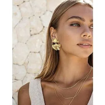 WOWORAMA Gold Ginkgo Leaf Earrings for Women Bohemian Plant Leaf Earrings Large Geometric Statement Earrings Boho Big Plant Leaf Drop Earrings
