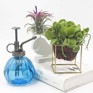 Ebristar Plant Mister, 6.5" Tall Vintage Style Decorative Glass Water Spray Bottle with Top Pump Small Watering Can (Blue)