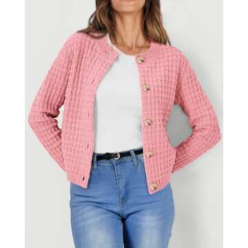 PRETTYGARDEN Women's Knit Cardigan Sweaters Casual Long Sleeve Open Front Button Down Trendy Jackets Outerwear (Pink,Large)