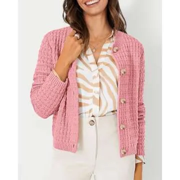 PRETTYGARDEN Women's Knit Cardigan Sweaters Casual Long Sleeve Open Front Button Down Trendy Jackets Outerwear (Pink,Large)